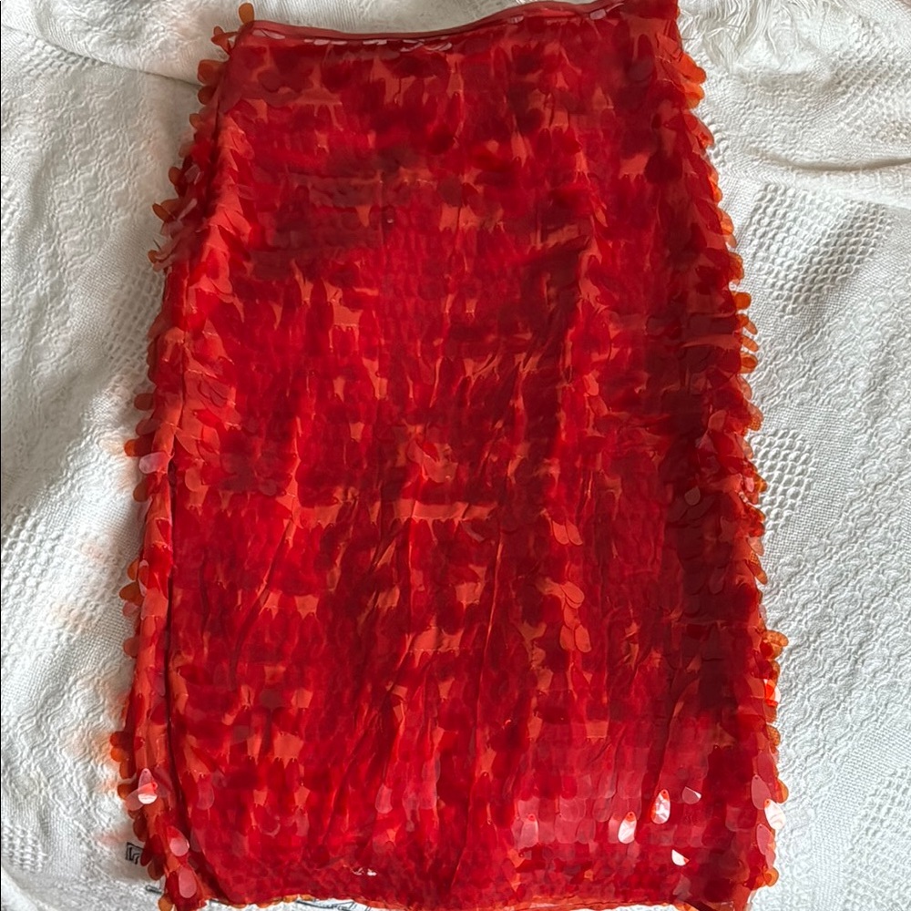 Red Ruffled Pencil Midi Skirt